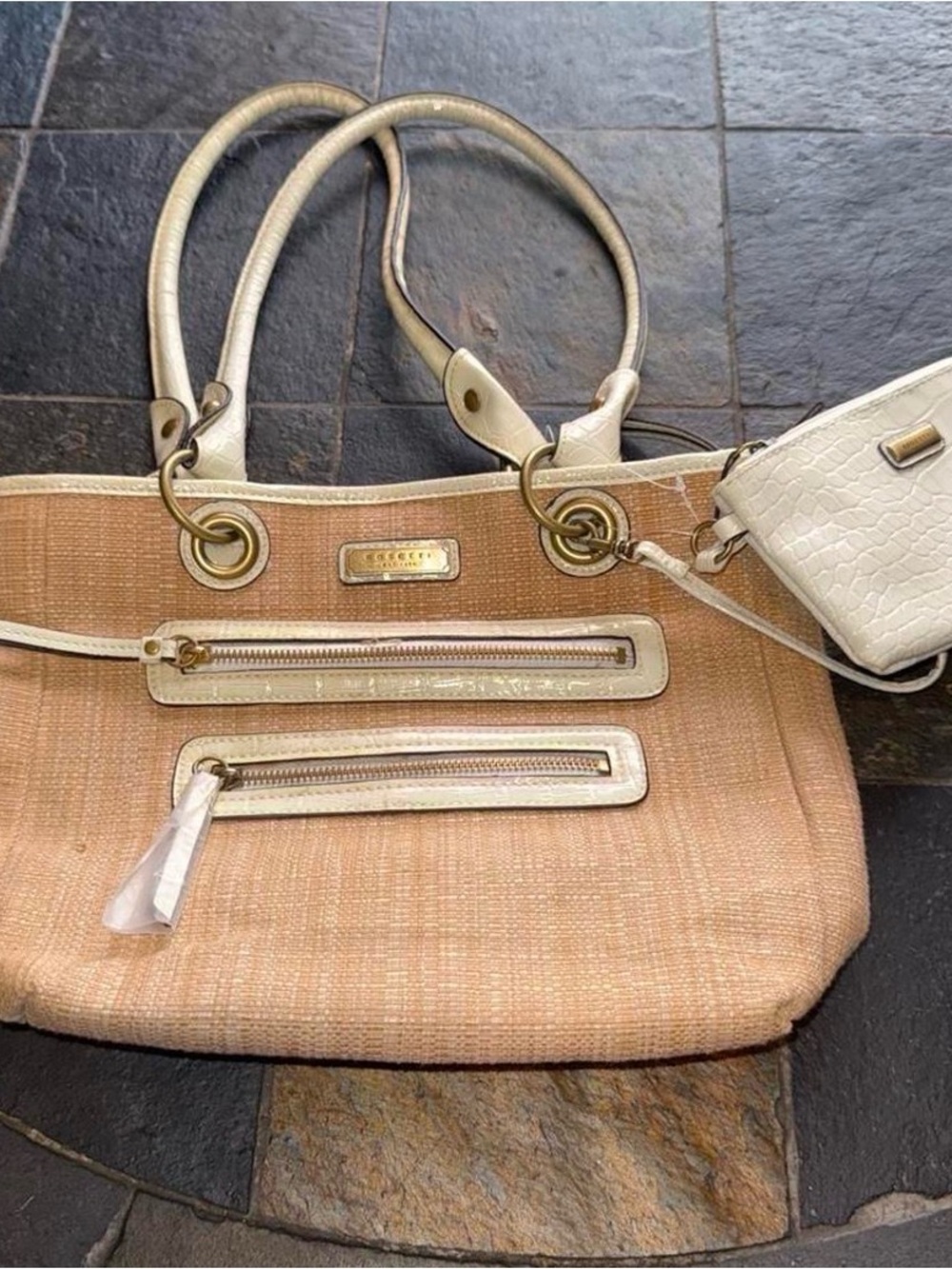 Woven Beige Shoulder Bag with White Trim and Gold Accents